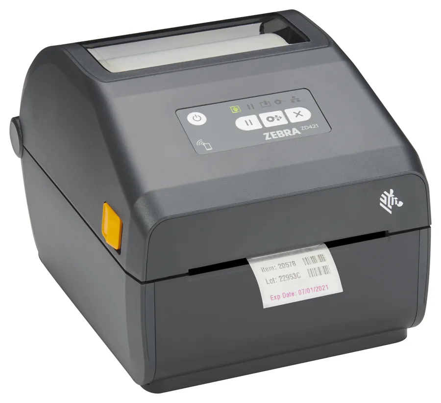 Imprimantă de etichete Zebra ZD421 cu o etichetă cu cod de bare tocmai imprimată