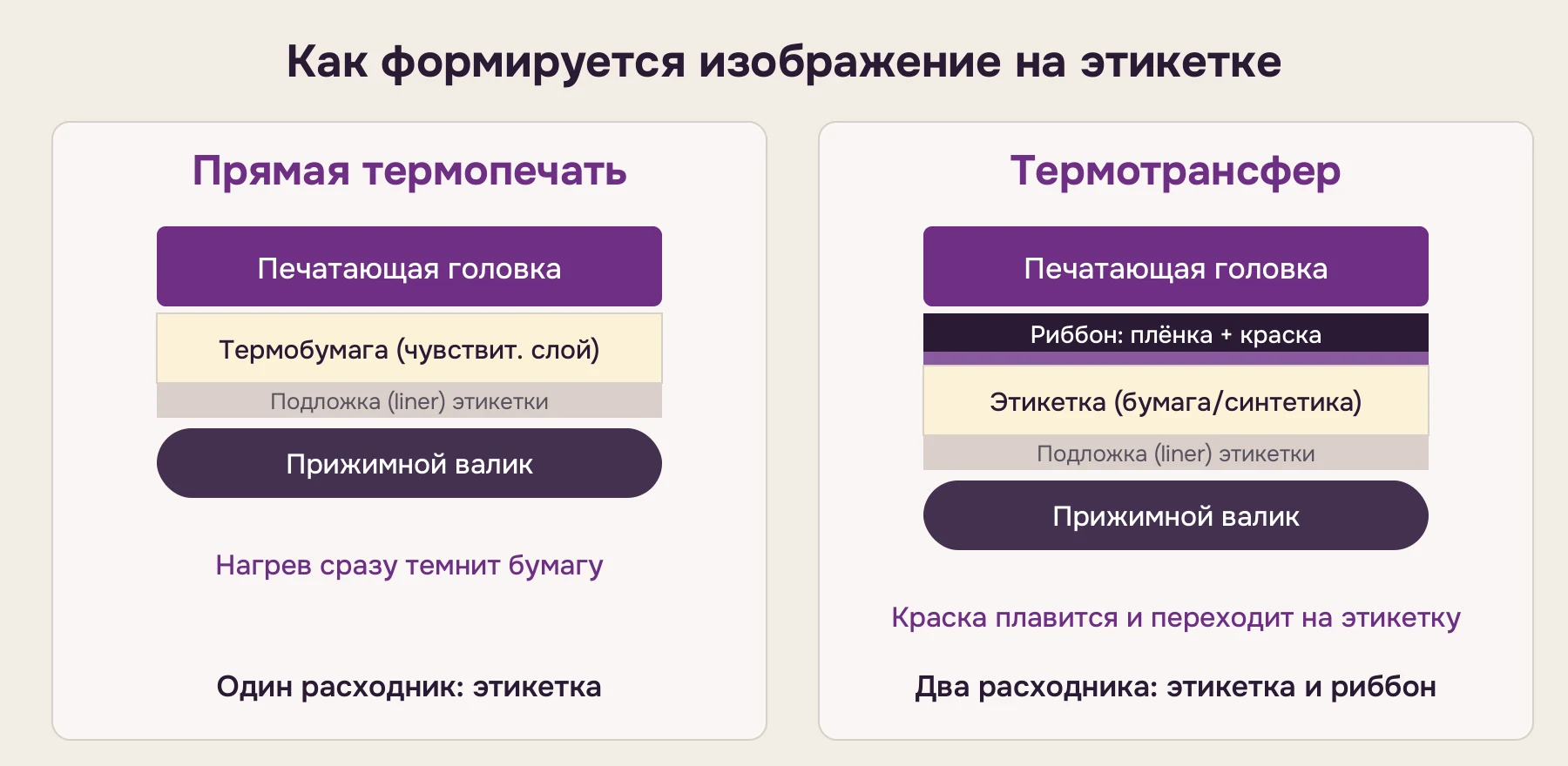 Схема: при прямой термопечати головка нагревает термобумагу, при термотрансфере нагревает риббон, и краска переходит на этикетку